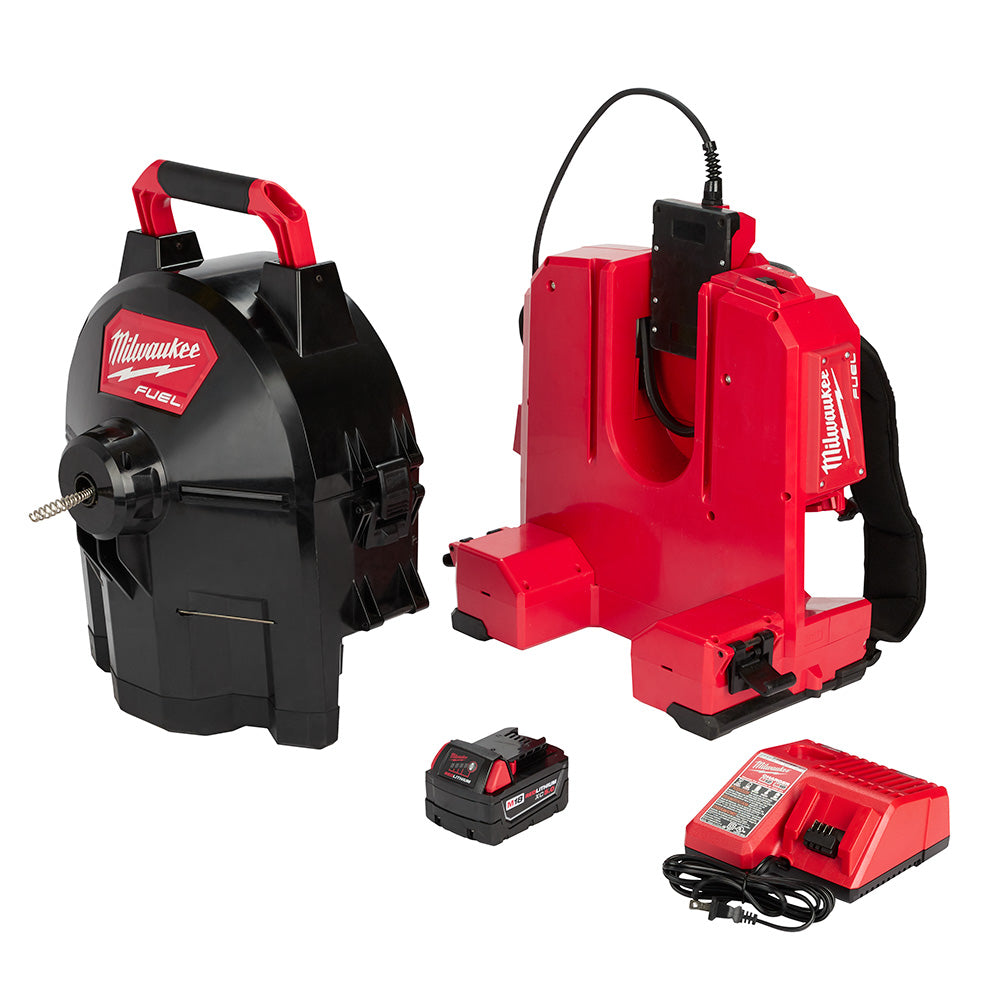 Milwaukee M18 FUEL sectional drum system kit with black and red drum unit, red backpack frame, battery, and charger.