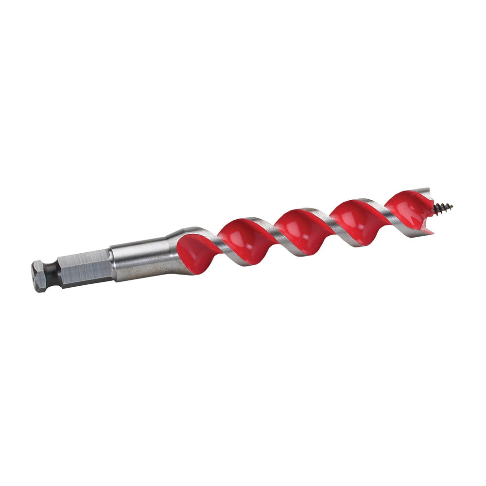 Milwaukee auger bit with 3/4 inch diameter, silver shaft, red spiral flutes, and threaded tip.