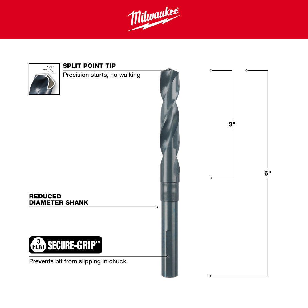 Black oxide drill bit with split point tip, reduced diameter shank, and secure-grip flat design.