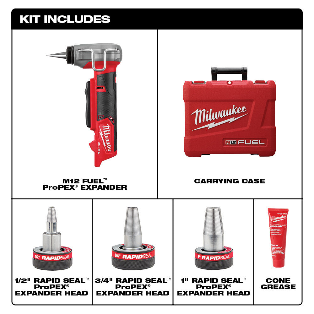 M12 FUEL ProPEX expander tool with red carrying case and three RAPID SEAL expander heads in 1/2", 3/4", and 1" sizes plus con