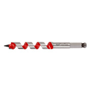 Milwaukee 5/8 inch auger bit with red flutes and gray steel shaft on white background.