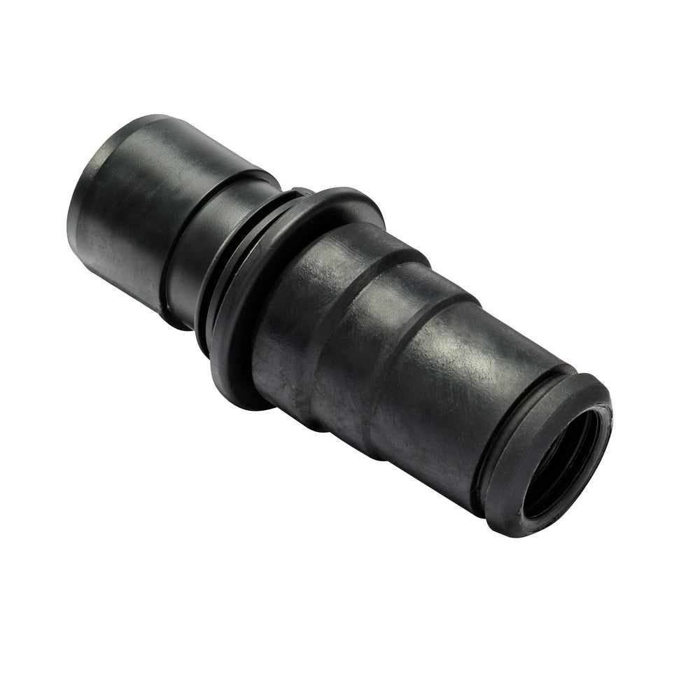 Black metal power tool adapter with cylindrical ends and connector bands in the center.
