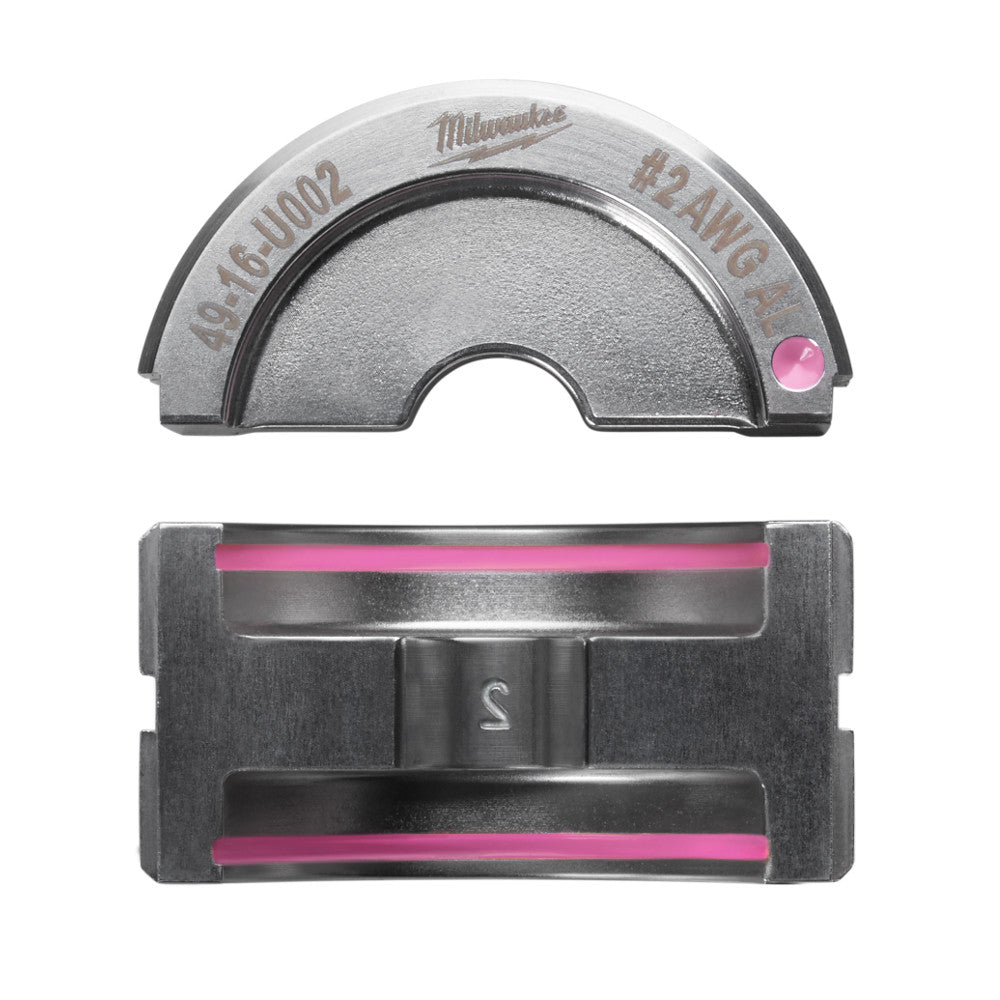 Milwaukee aluminum U-style die with #2 range marking, shown from top and side views with pink indicator.