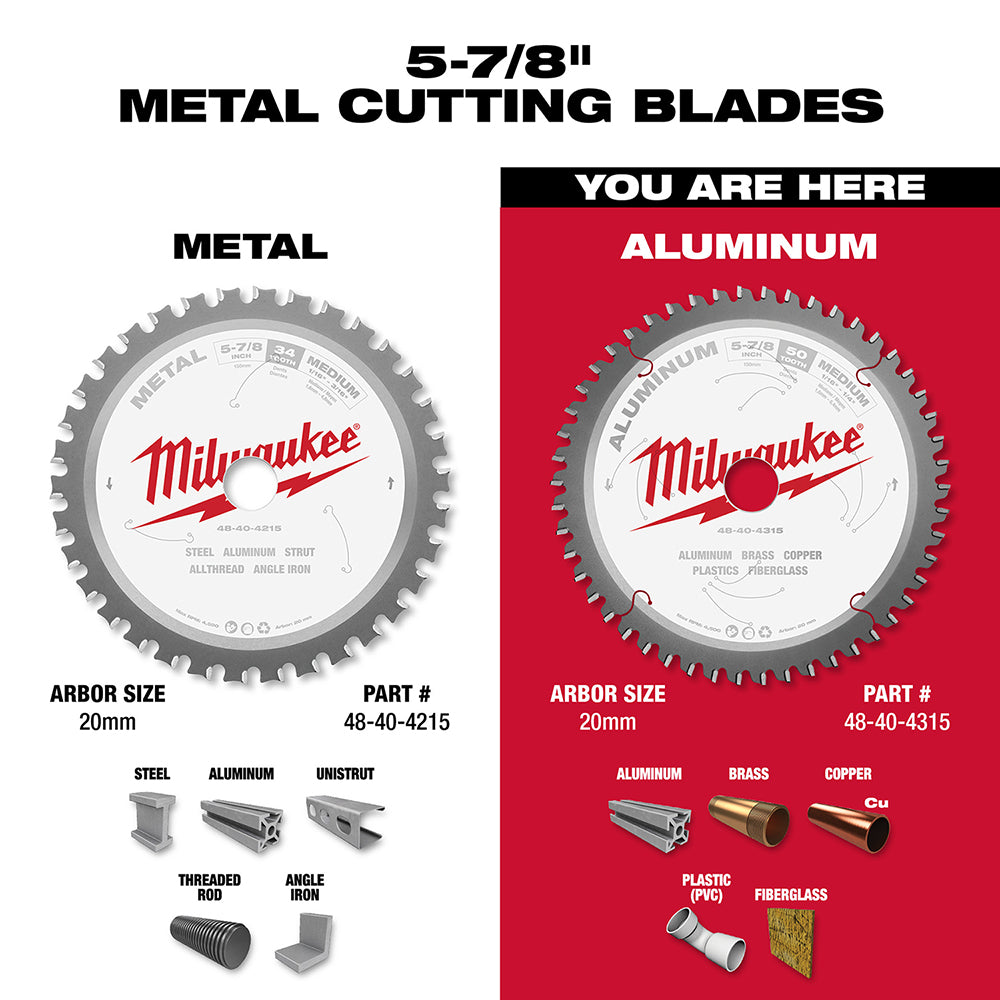 Milwaukee 5-7/8 inch aluminum cutting circular saw blade with 20mm arbor, showing white center and gray teeth on red backgrou