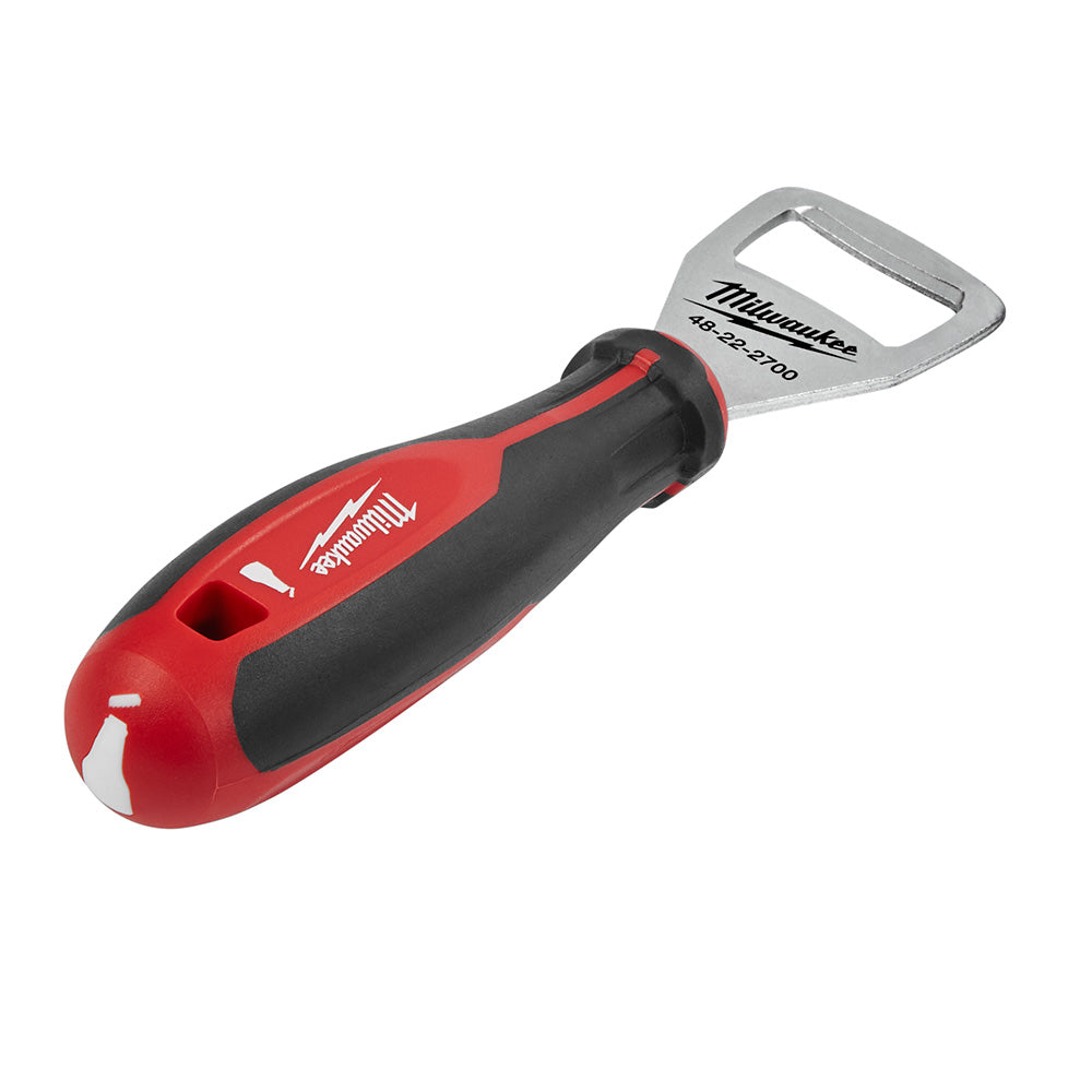 Red and black bottle opener with metal handle and grip, model number 48-22-2700 visible.