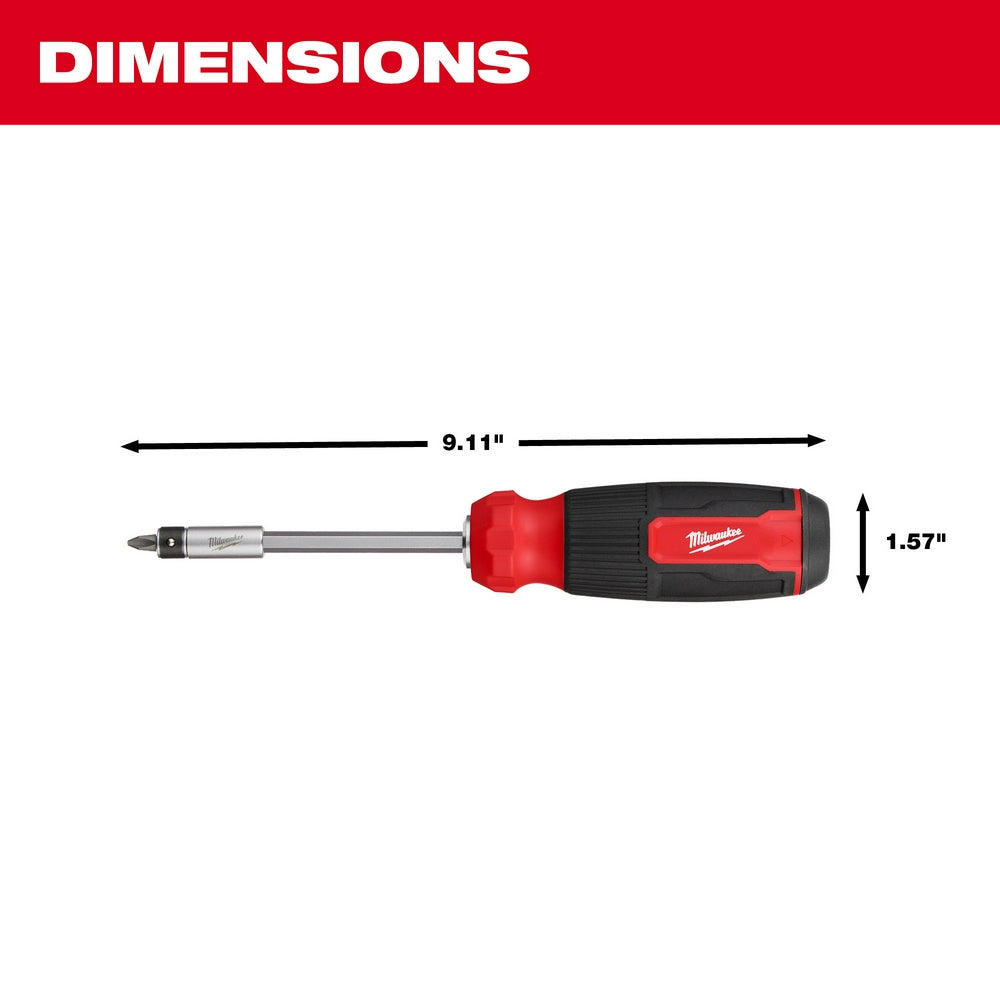 Red and black multi-bit screwdriver with extended shaft, measuring 9.11 inches long and 1.57 inches tall.