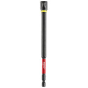 Milwaukee Shockwave magnetic nut driver with black hex socket, gray shaft, yellow band, and red grip section.