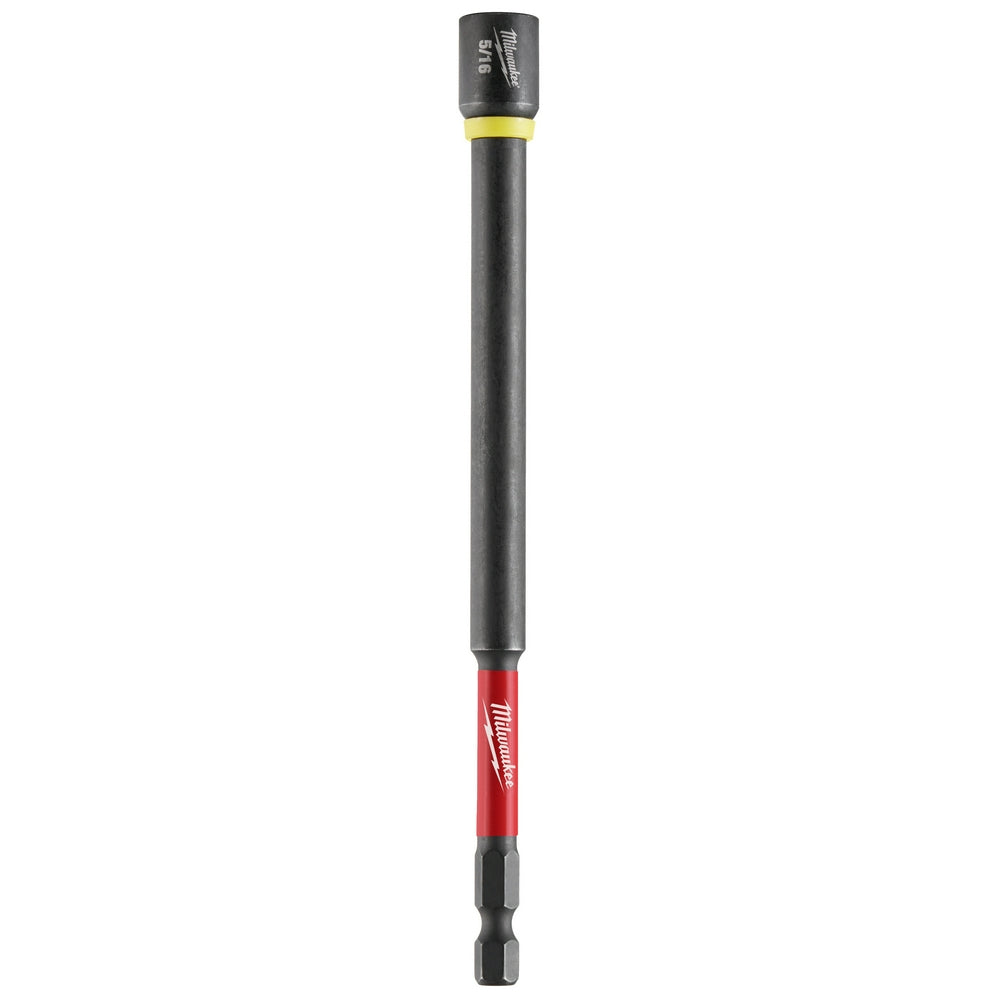 Milwaukee Shockwave magnetic nut driver with black hex socket, gray shaft, yellow band, and red grip section.