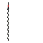 Long black auger bit with twisted flutes, red band near top, and pointed tip at bottom.