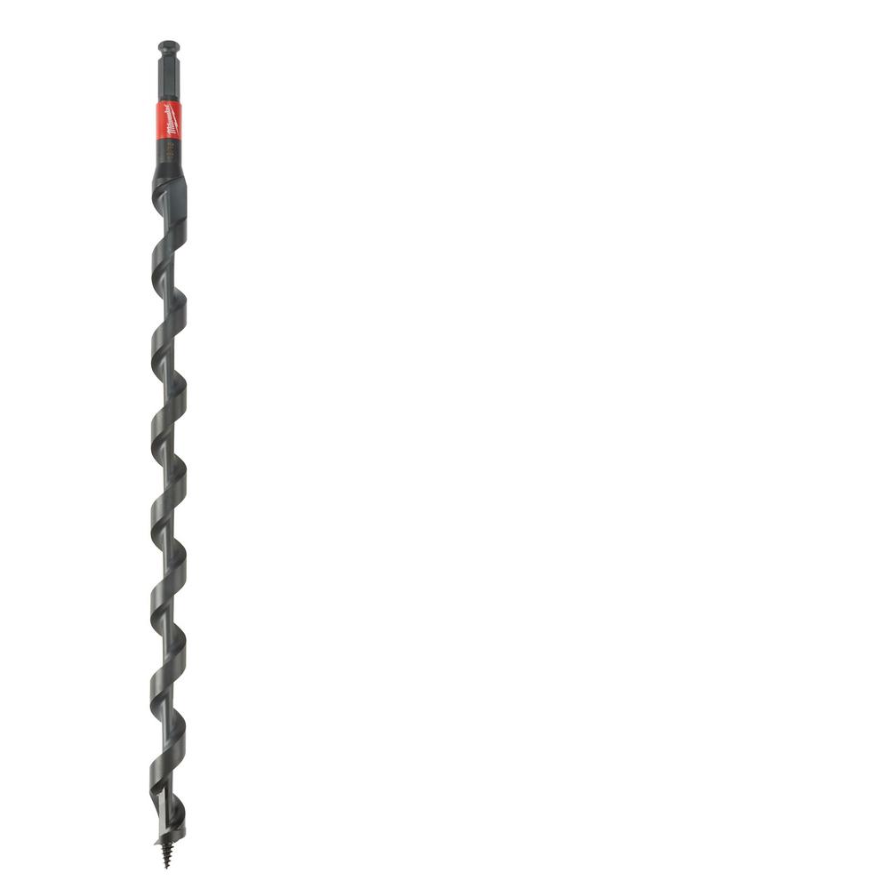Long black auger bit with twisted flutes, red band near top, and pointed tip at bottom.