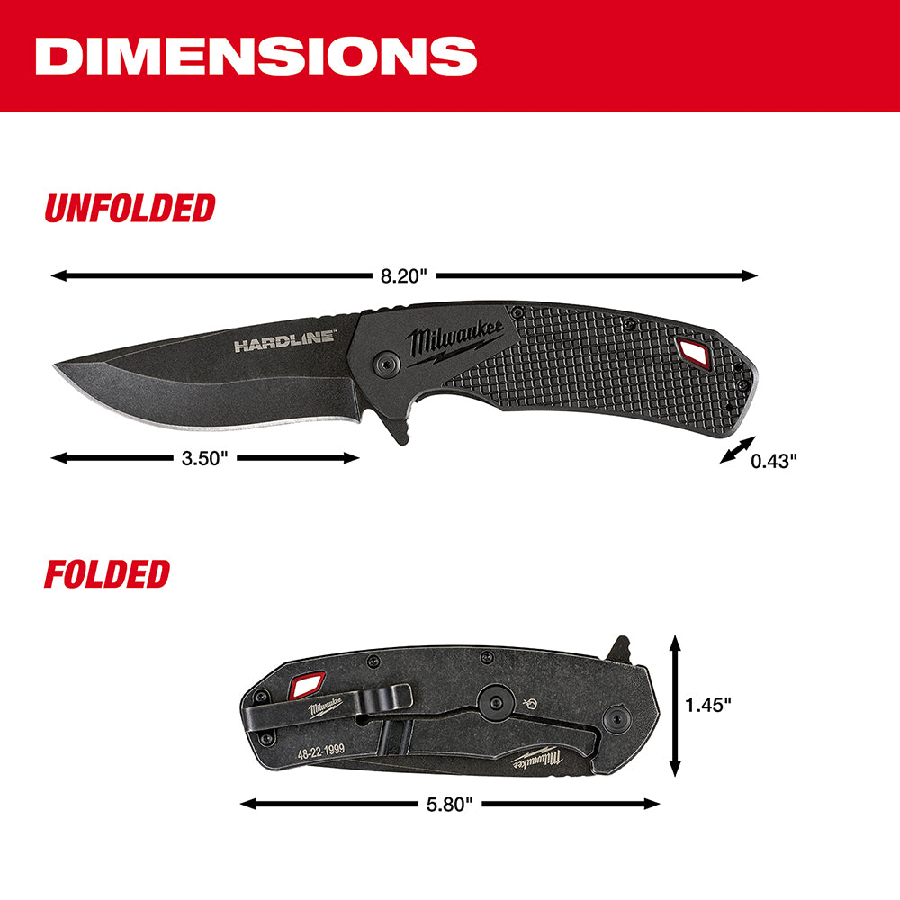 Milwaukee Hardline pocket knife with 3.5-inch smooth blade, shown unfolded and folded with dimension measurements.