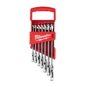 Seven chrome combination wrenches with flex heads in red storage organizer case.