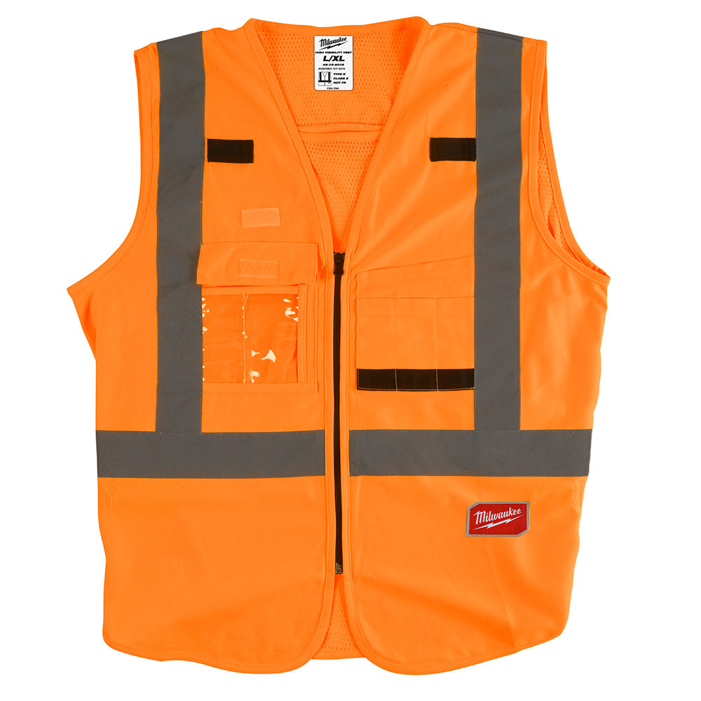 Orange safety vest with gray reflective stripes, front pockets, and zip closure.
