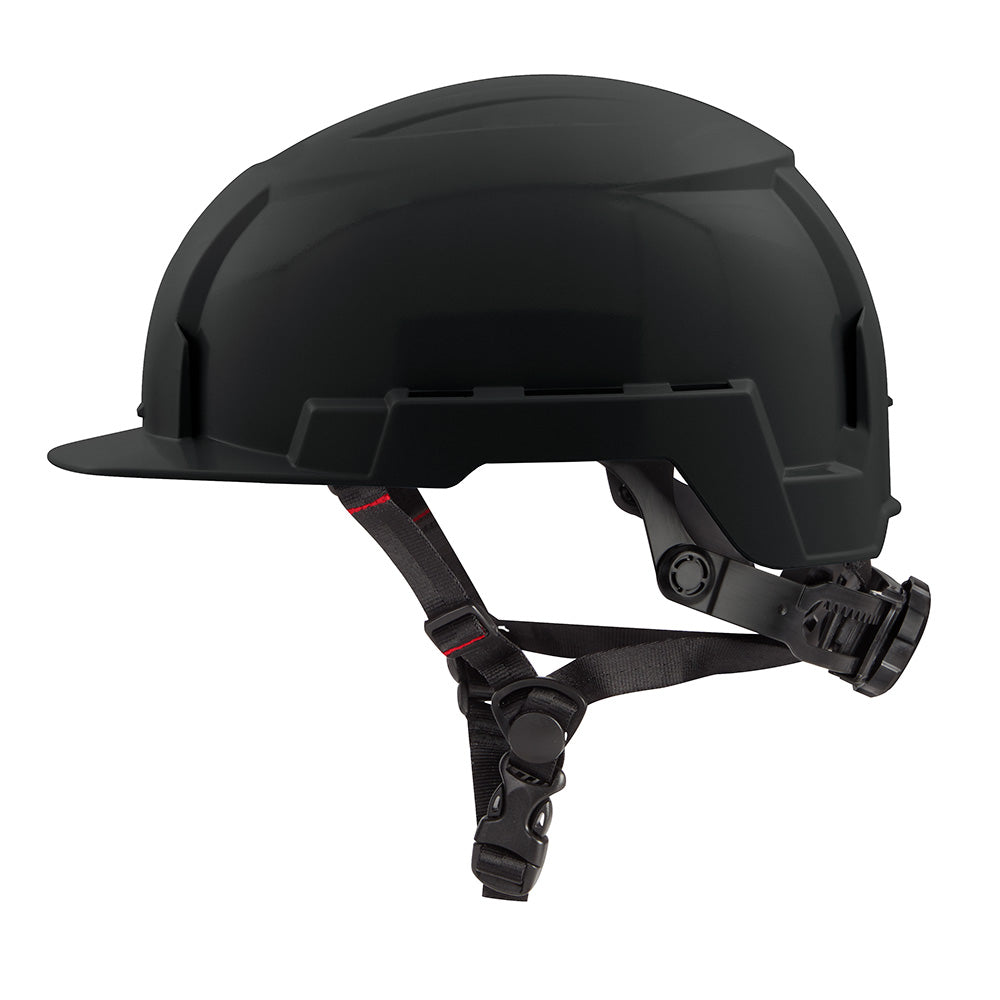 Black safety helmet with front brim, chin strap, and side ventilation ports.