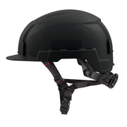 Black safety helmet with front brim, chin strap, and side ventilation ports.