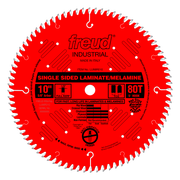 Bright red circular saw blade with 80 teeth, labeled Freud Industrial, designed for laminate and melamine cutting.