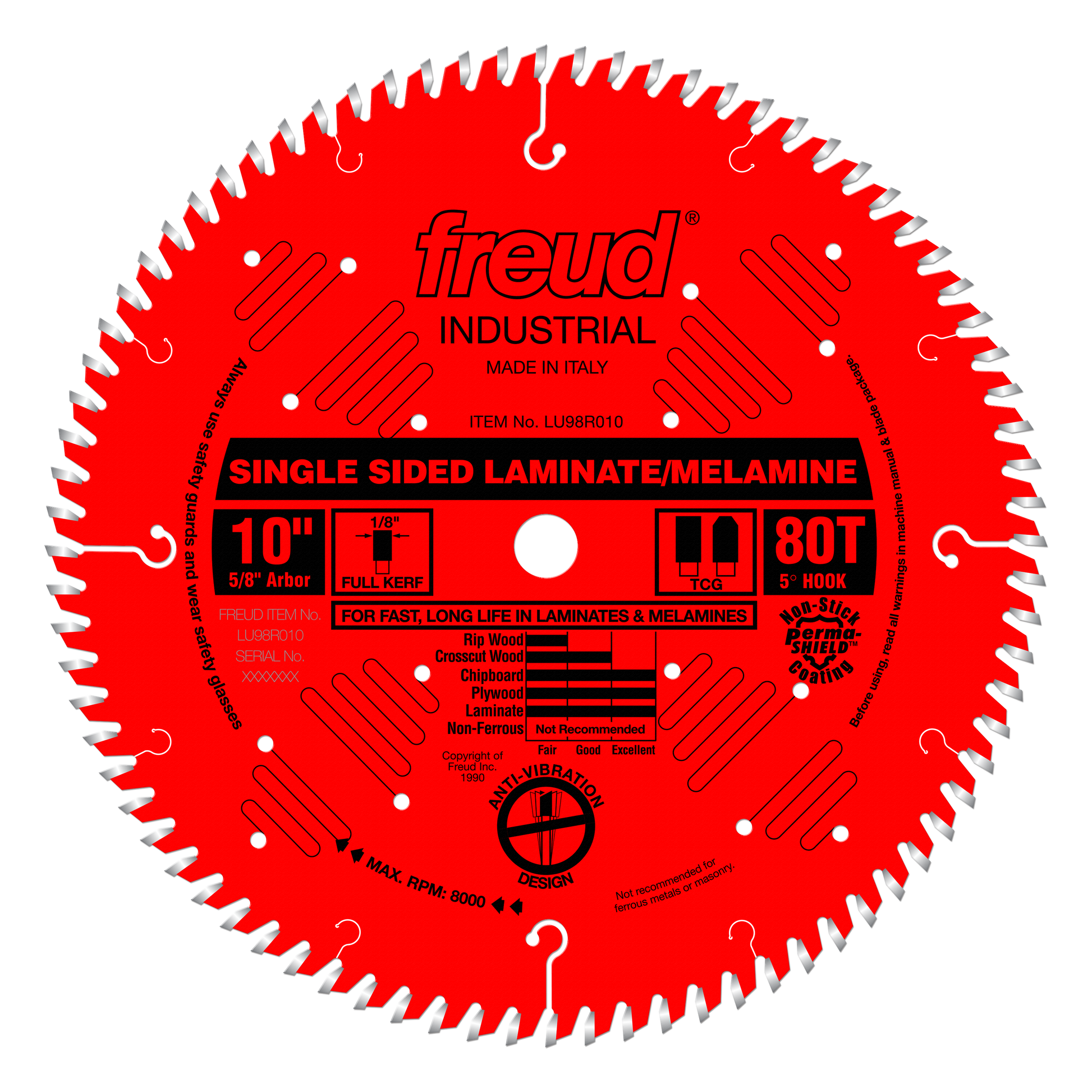 Bright red circular saw blade with 80 teeth, labeled Freud Industrial, designed for laminate and melamine cutting.