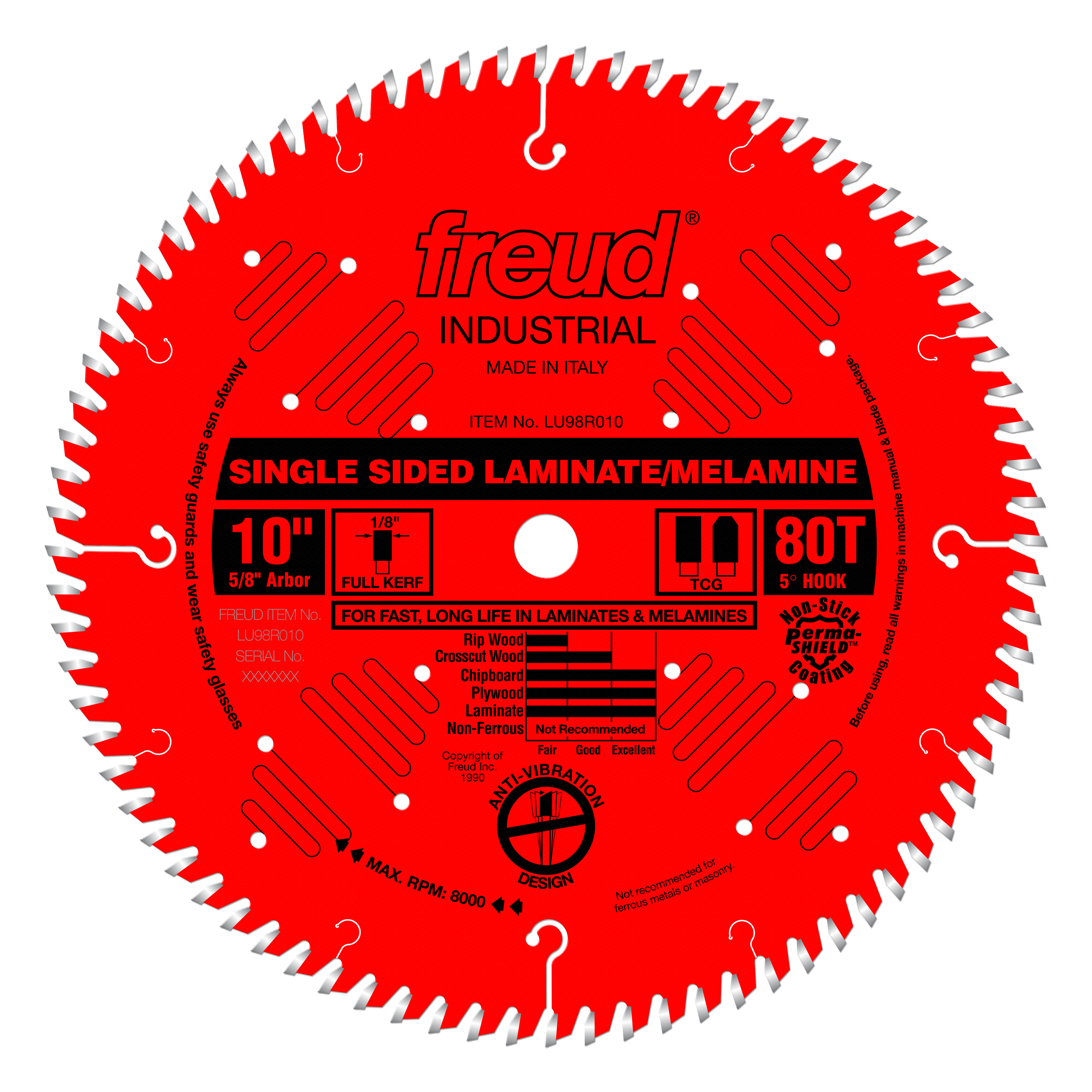 Bright red circular saw blade with 80 teeth, labeled Freud Industrial, designed for laminate and melamine cutting.