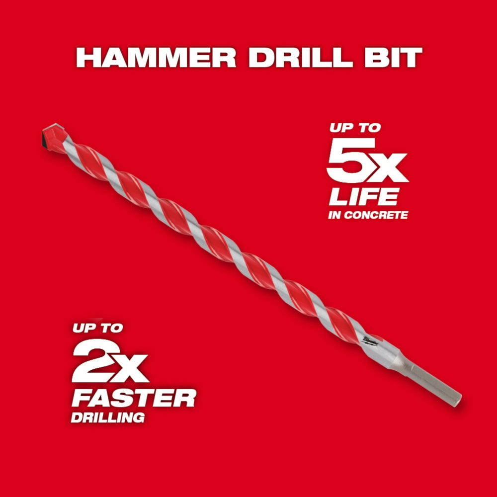 Carbide hammer drill bit with red and silver fluted shaft and red carbide tip on red background.