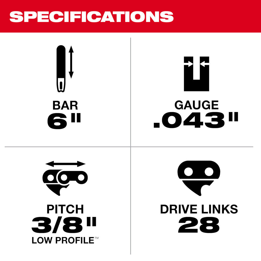 Milwaukee 6-inch guide bar with .043-inch gauge, 3/8-inch low profile pitch, and 28 drive links.