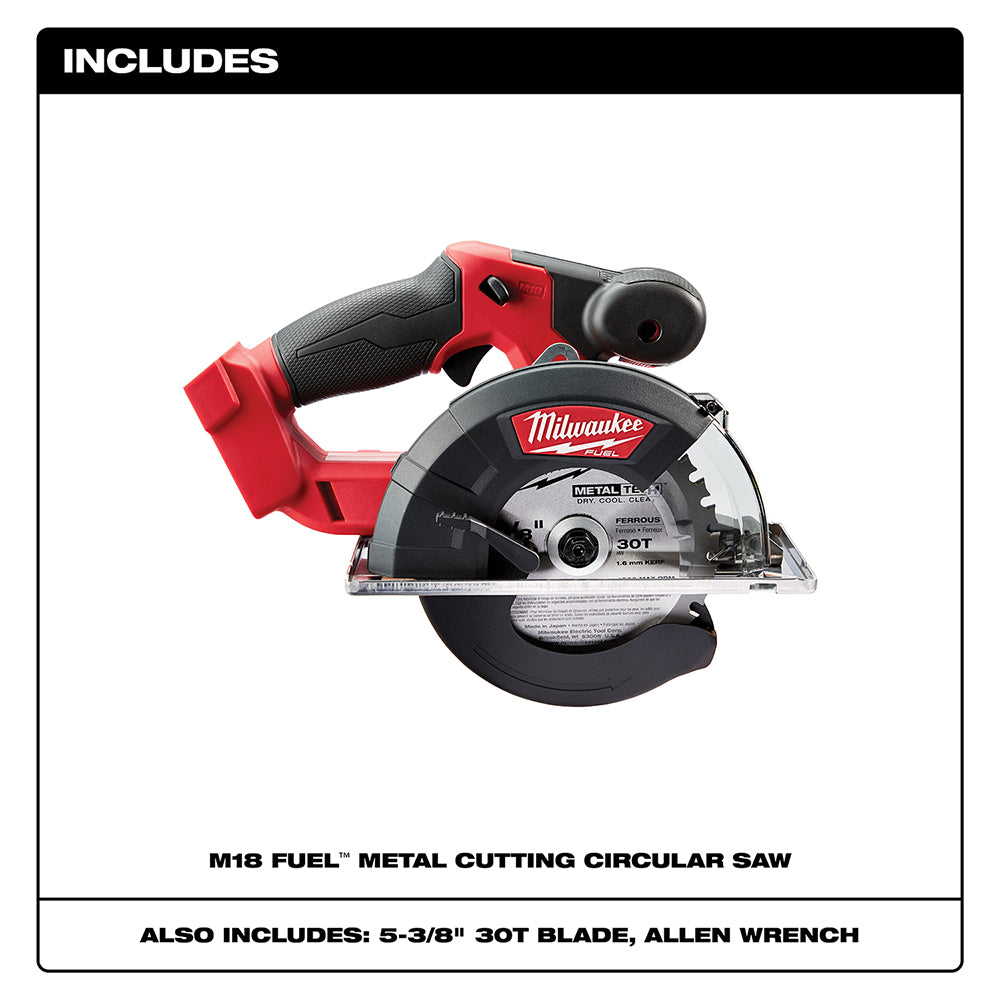 Red and black Milwaukee M18 FUEL metal circular saw with 30-tooth blade, side handle, and grip.
