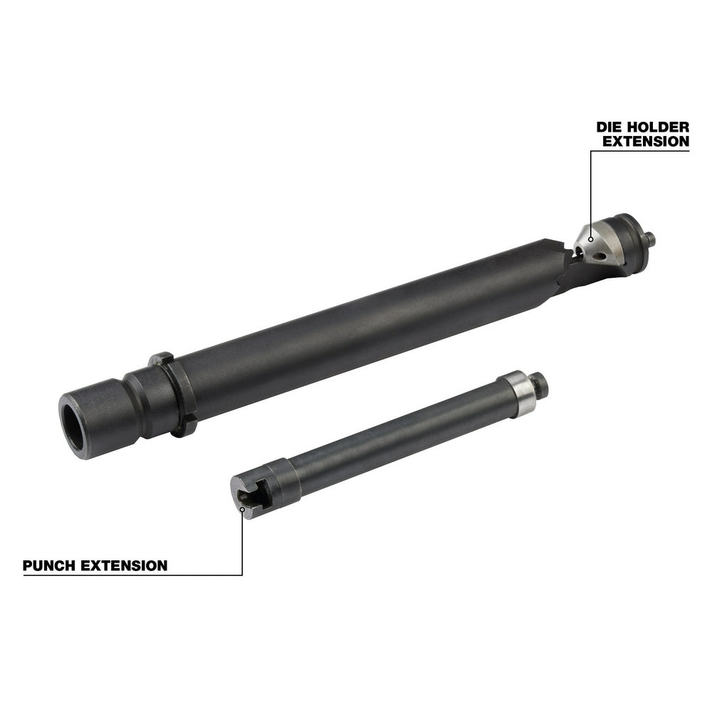Black metal punch extension and die holder extension components for M12 FUEL nibbler tool.