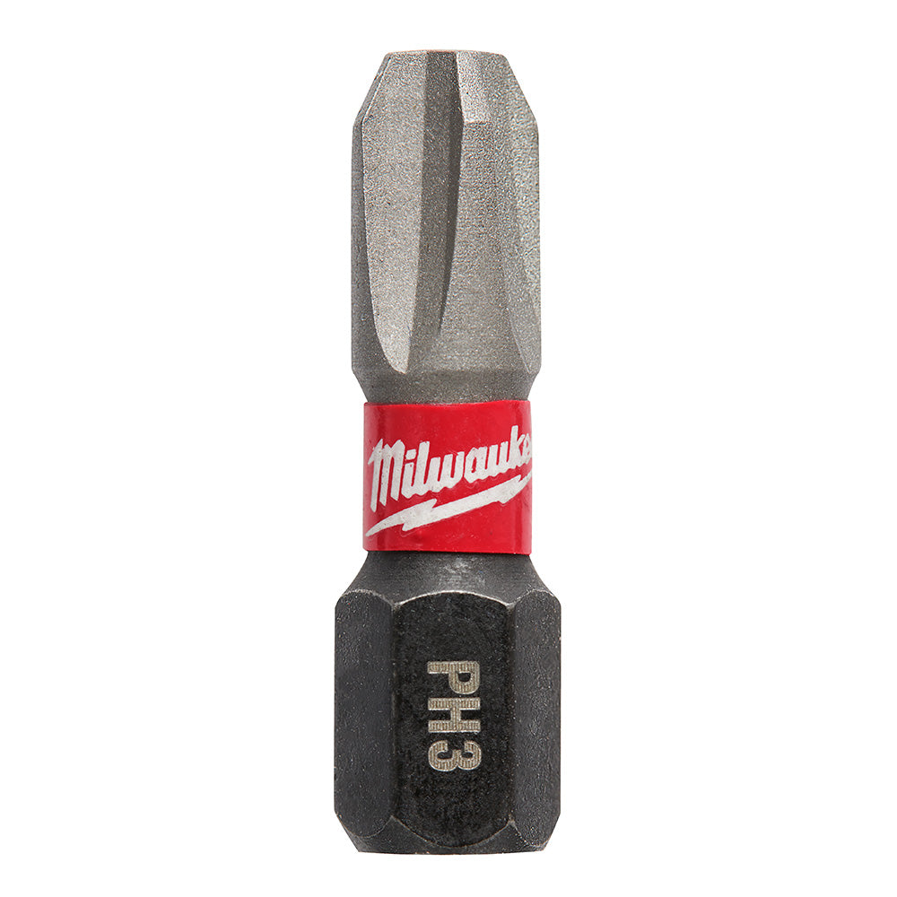 Phillips #3 insert bit with gray steel tip, red Milwaukee band, and black hexagonal base marked with size marking.