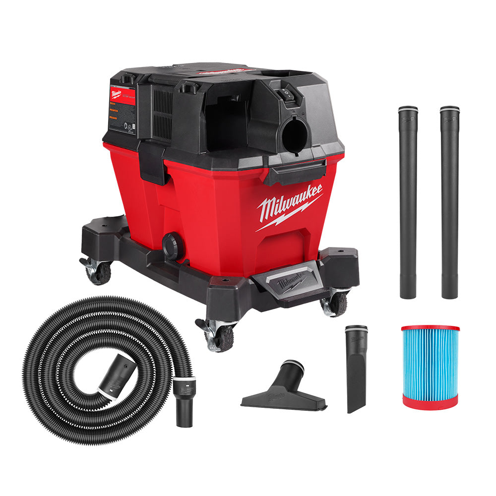 Red and black Milwaukee wet/dry vacuum with hose, tubes, floor brush, and filter cartridge included.