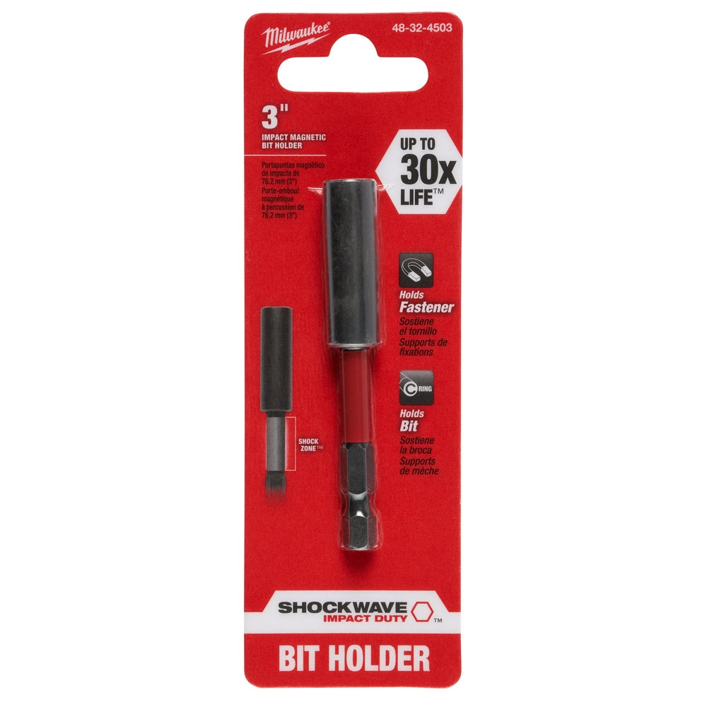 Milwaukee Shockwave 3 inch magnetic bit holder with red packaging showing black cylindrical holder and small bit on card.