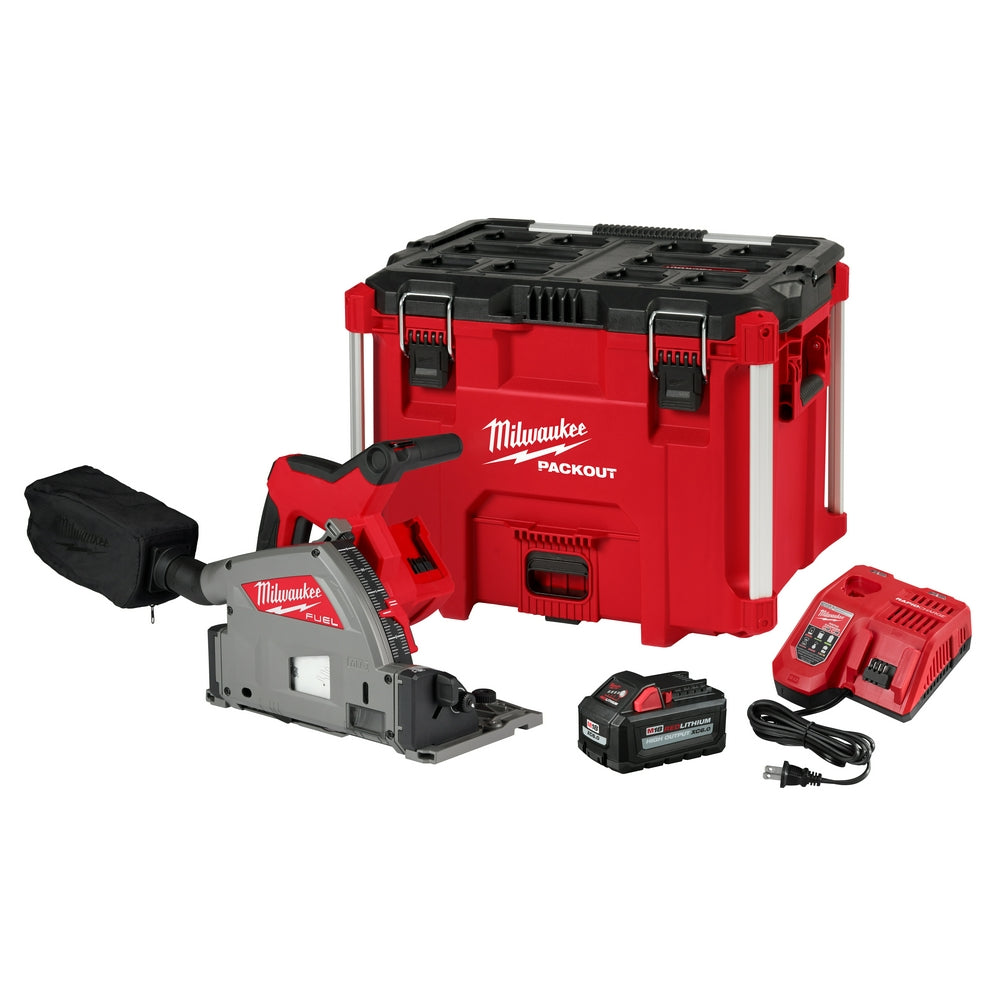 Milwaukee M18 FUEL plunge track saw with red and black storage case, battery, dual charger, and power cord.