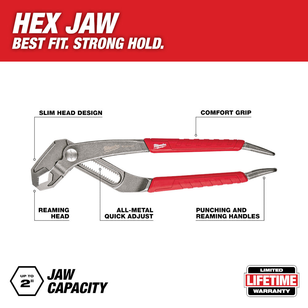 Milwaukee 10 in. hex-jaw pliers with red comfort grip handles and metal quick-adjust mechanism.