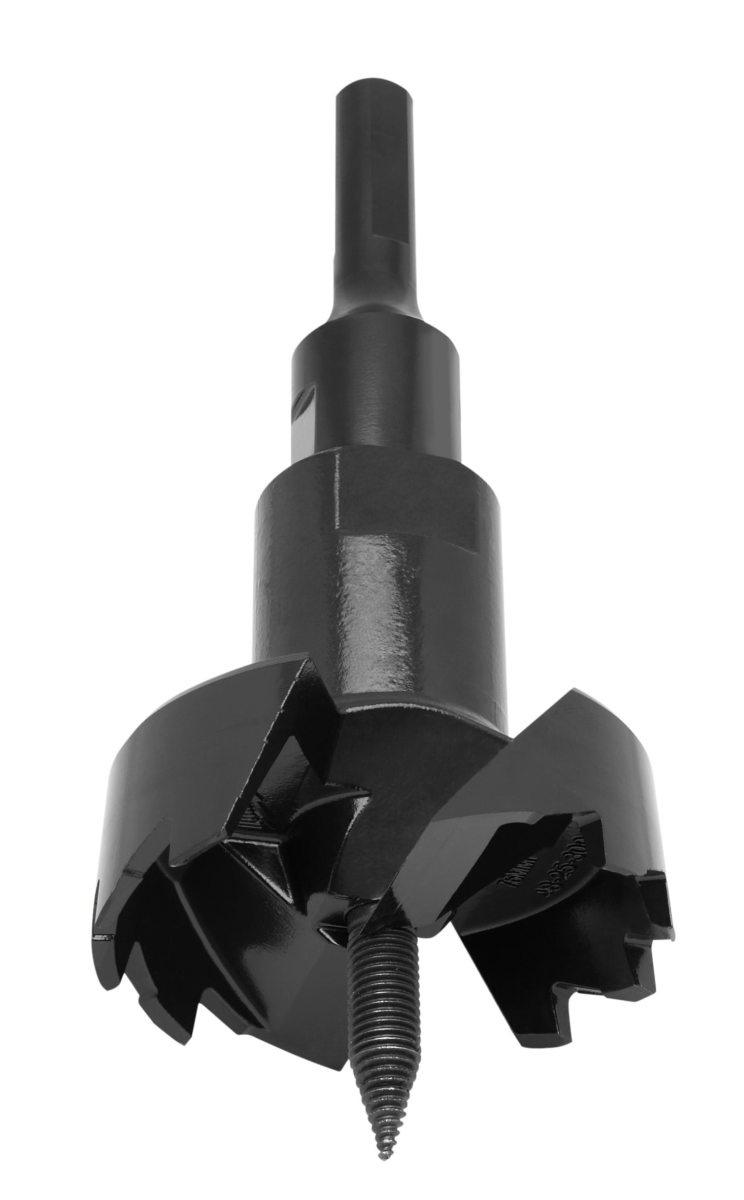 Black self-feed wood drilling bit with cylindrical shank and multi-flute cutting head with center point.