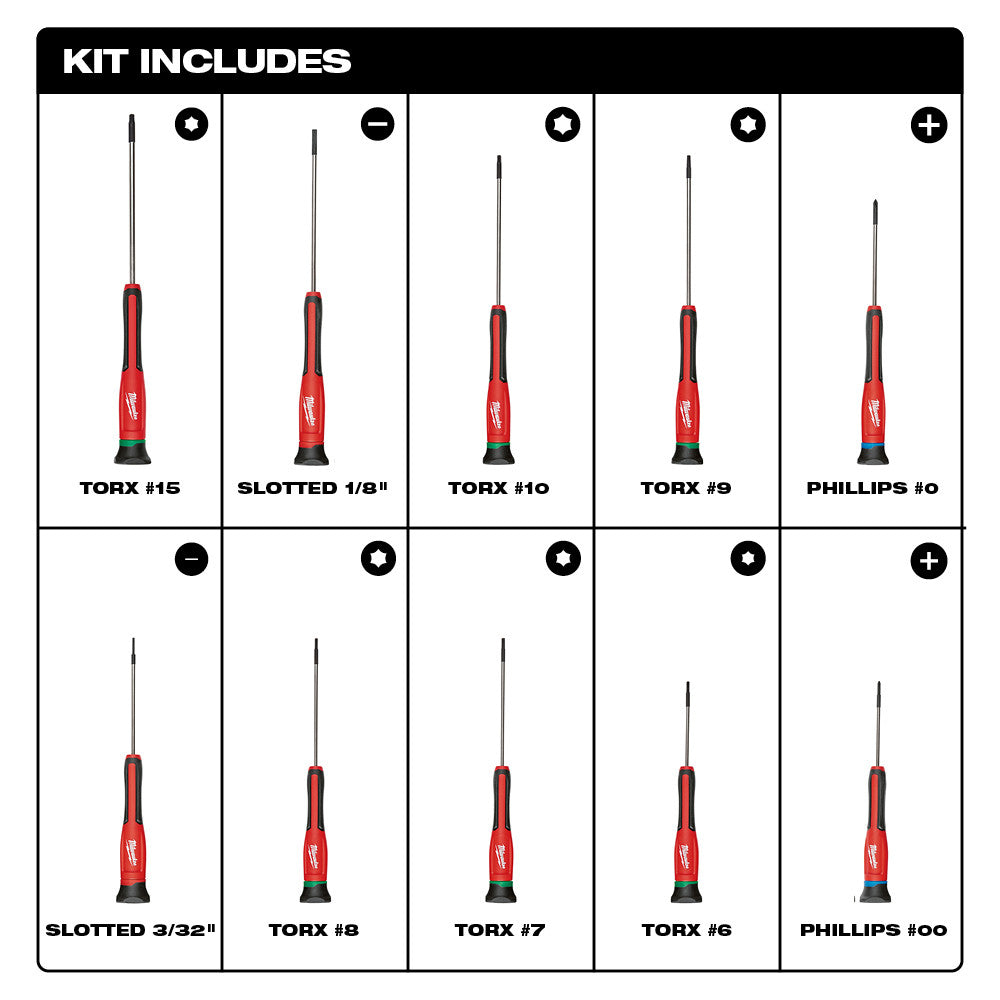 Ten precision screwdrivers with red handles and black bases, including Torx, slotted, and Phillips head types in various size