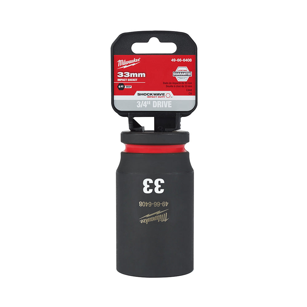 Milwaukee Shockwave 33mm deep socket with 3/4" drive and 6-point design, displayed with packaging.