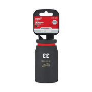 Milwaukee Shockwave 33mm deep socket with 3/4" drive and 6-point design, displayed with packaging.