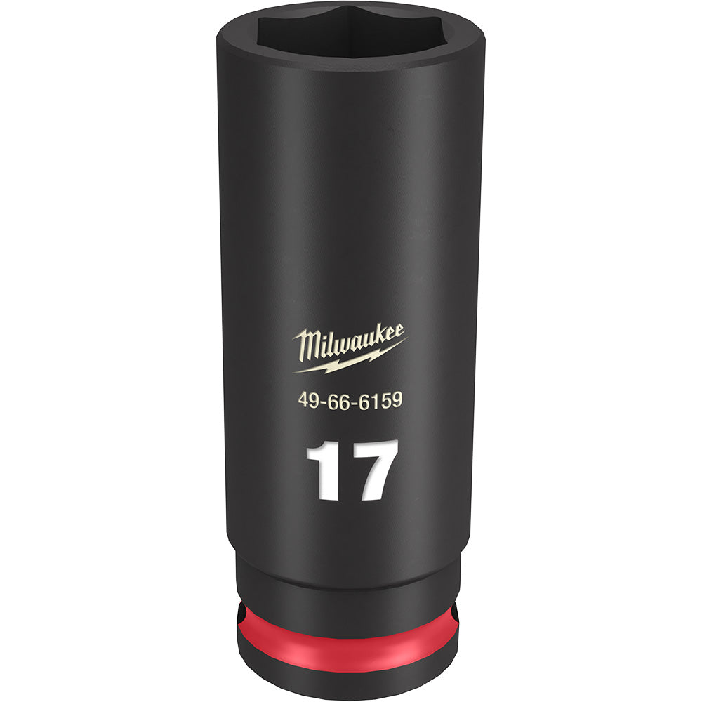 Black Milwaukee deep socket with 17MM size marking, red grip band at base, hexagonal opening visible at top.