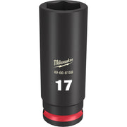 Black Milwaukee deep socket with 17MM size marking, red grip band at base, hexagonal opening visible at top.