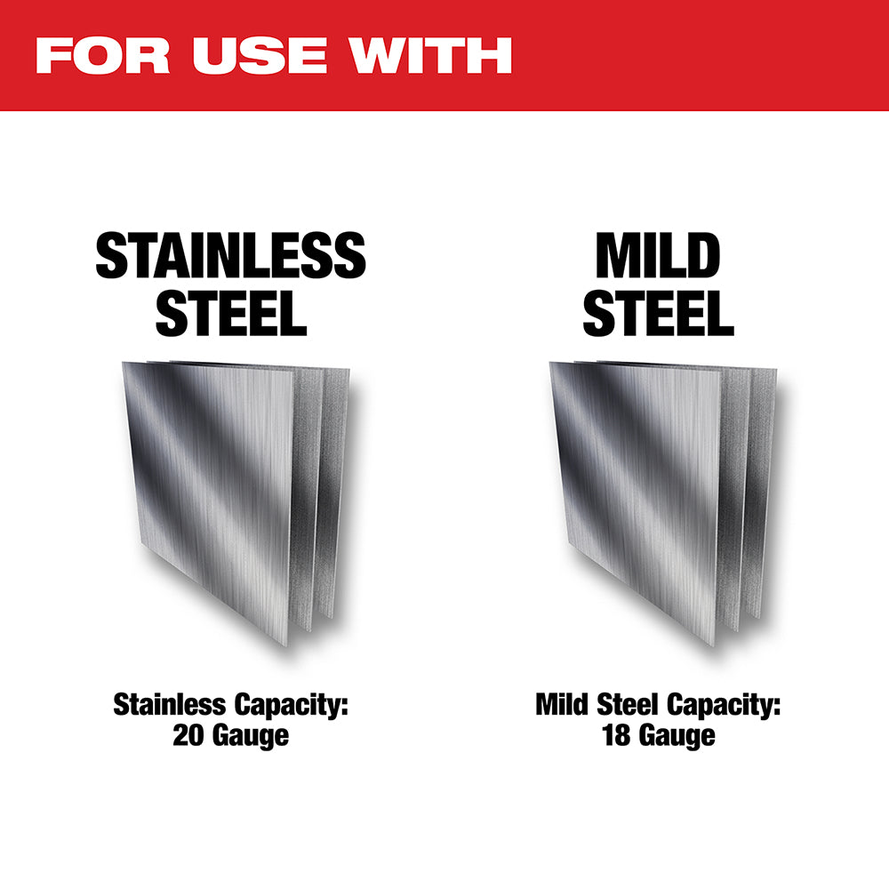 Comparison chart showing stainless steel at 20 gauge and mild steel at 18 gauge capacity for compatible materials.