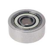 Silver cylindrical ball bearing with metal shield and central bore, showing labeled specifications on face.