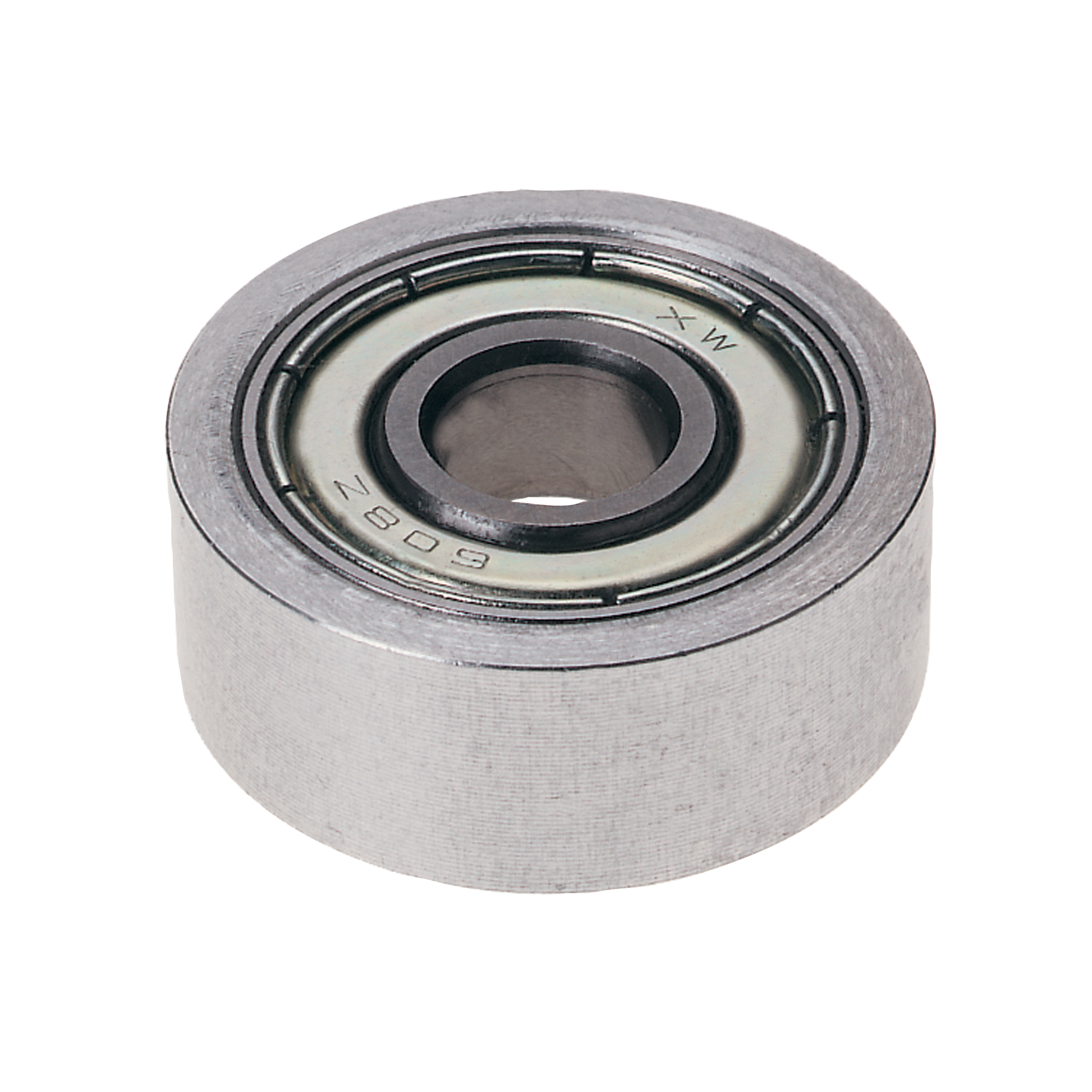 Silver cylindrical ball bearing with metal shield and central bore, showing labeled specifications on face.