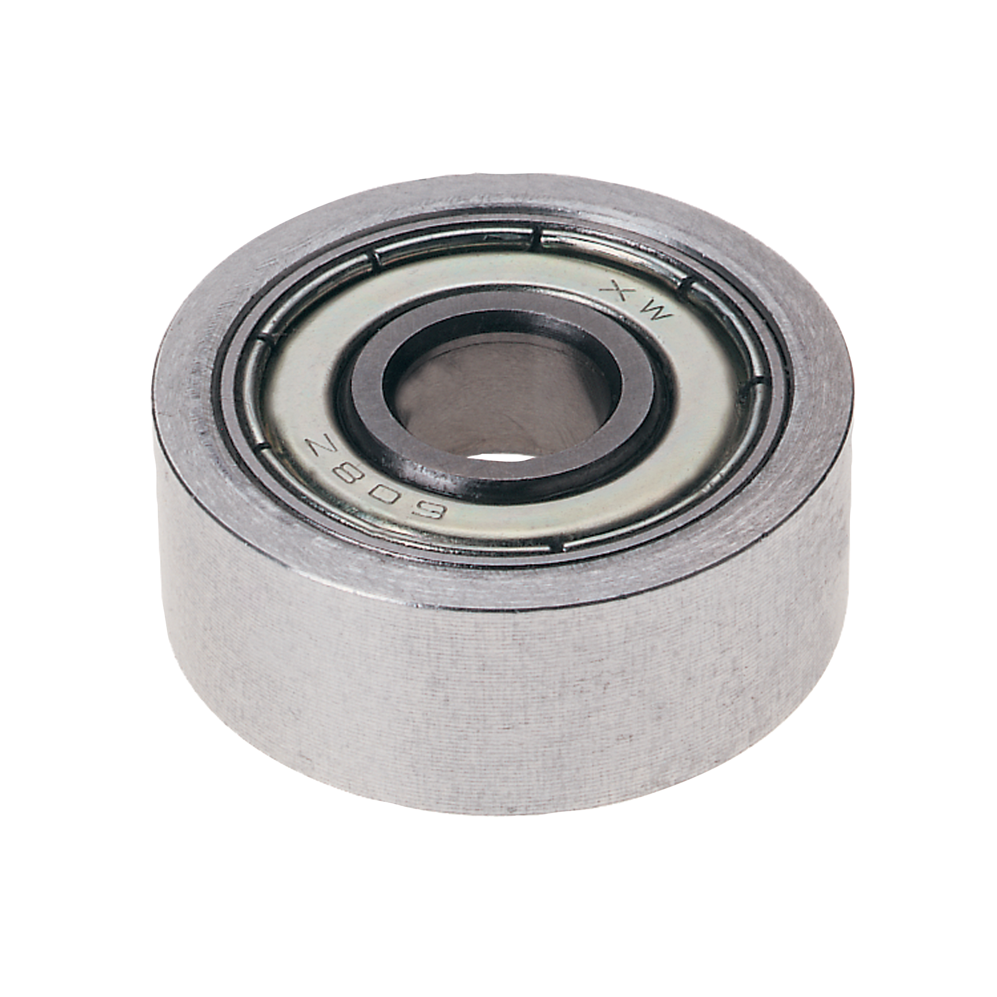 Silver cylindrical ball bearing with metal shield and central bore, showing labeled specifications on face.