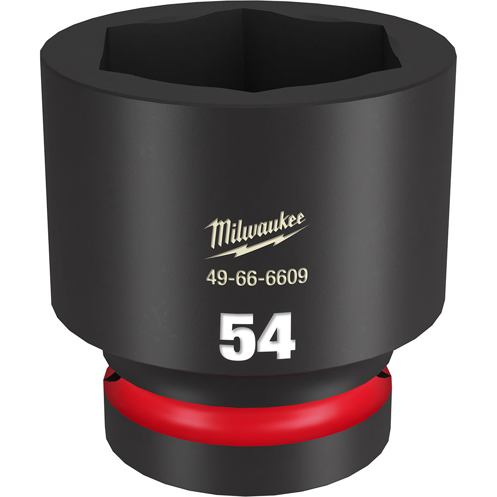 Black Milwaukee 54mm 6-point impact socket with red grip band and hexagonal opening.