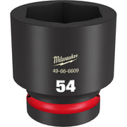 Black Milwaukee 54mm 6-point impact socket with red grip band and hexagonal opening.