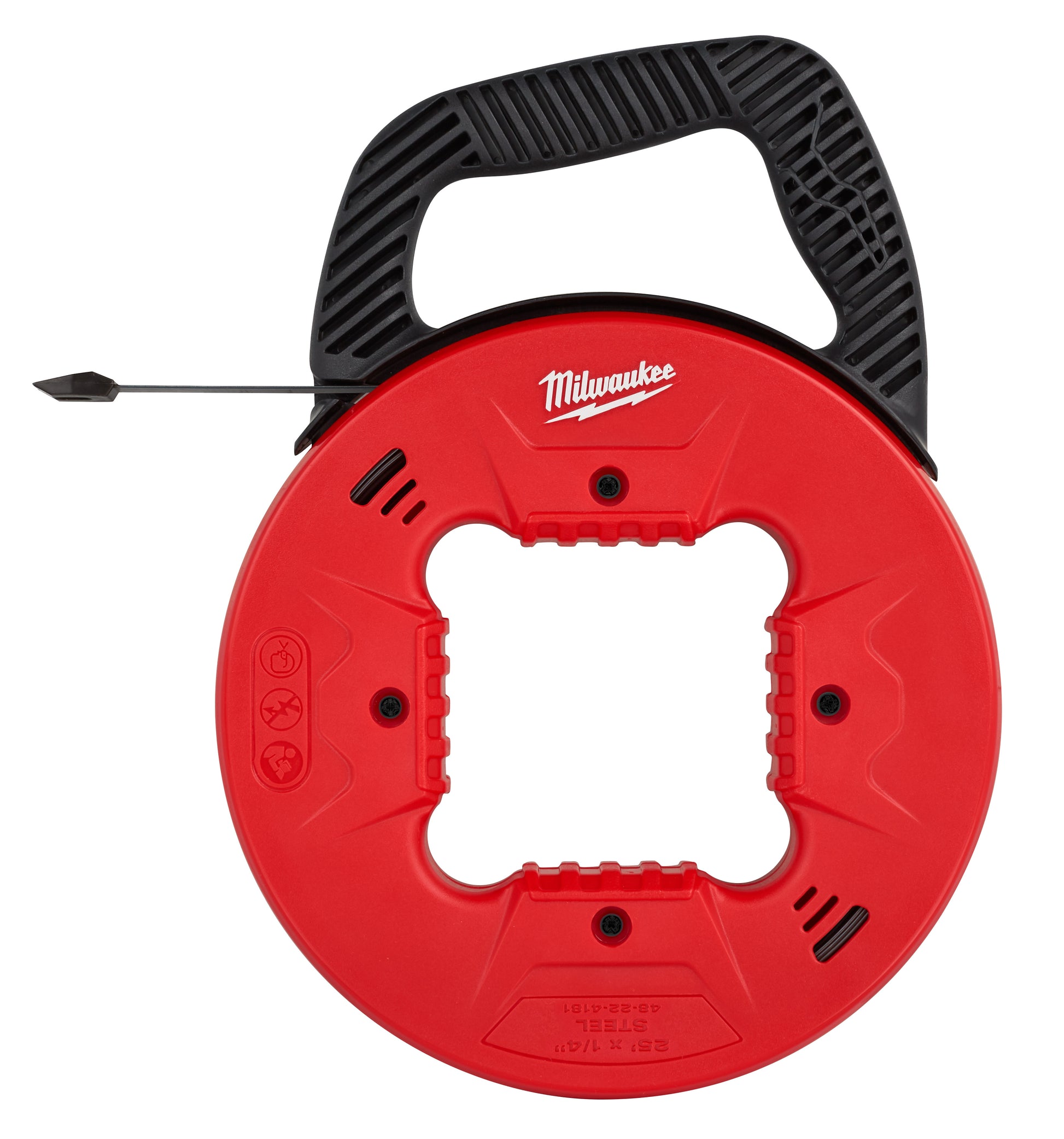 Red and black Milwaukee fish tape reel with steel tape extended from left side and black ribbed handle grip on top.