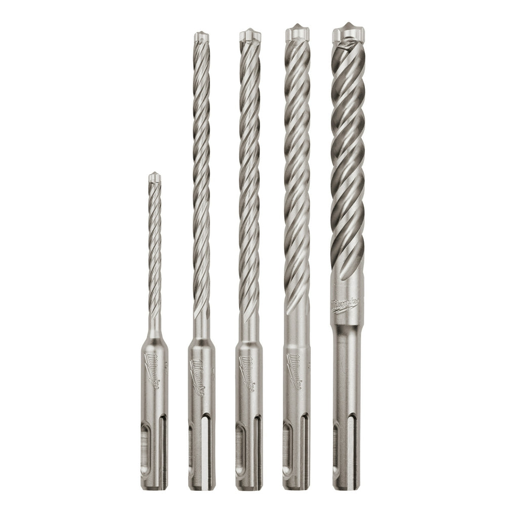 Five SDS-Plus rotary hammer drill bits in increasing sizes with spiral flutes and chisel tips.