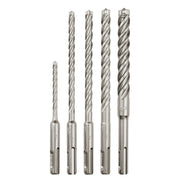Five SDS-Plus rotary hammer drill bits in increasing sizes with spiral flutes and chisel tips.