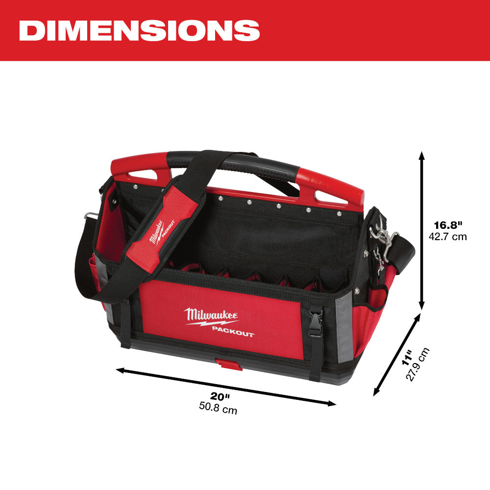 Milwaukee PACKOUT 20-inch red and black tote with multiple storage pockets and reinforced handles.