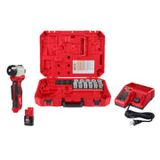 Milwaukee M12 cable stripper kit with tool, battery, charger, and bushings in red case.