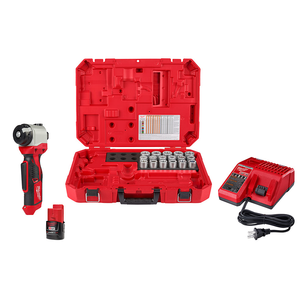 Milwaukee M12 cable stripper kit with tool, battery, charger, and bushings in red case.