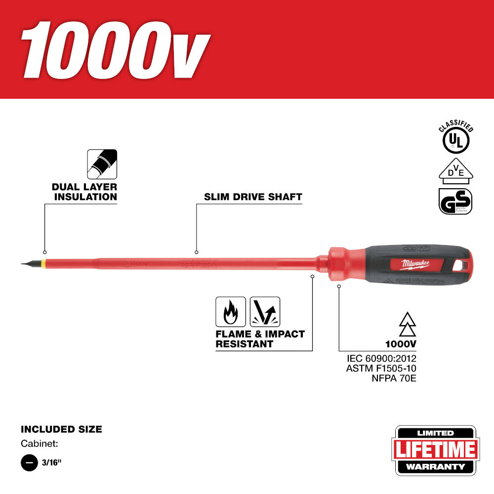 Milwaukee 1000V insulated cabinet screwdriver with red shaft, black grip, and 3/16 in. tip, marked with dual layer insulation